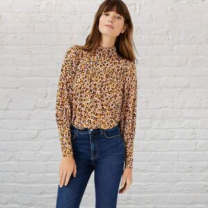 Ann Taylor Leopard Print Turtleneck Top XS Modal Stretch Ruched Long Sleeve